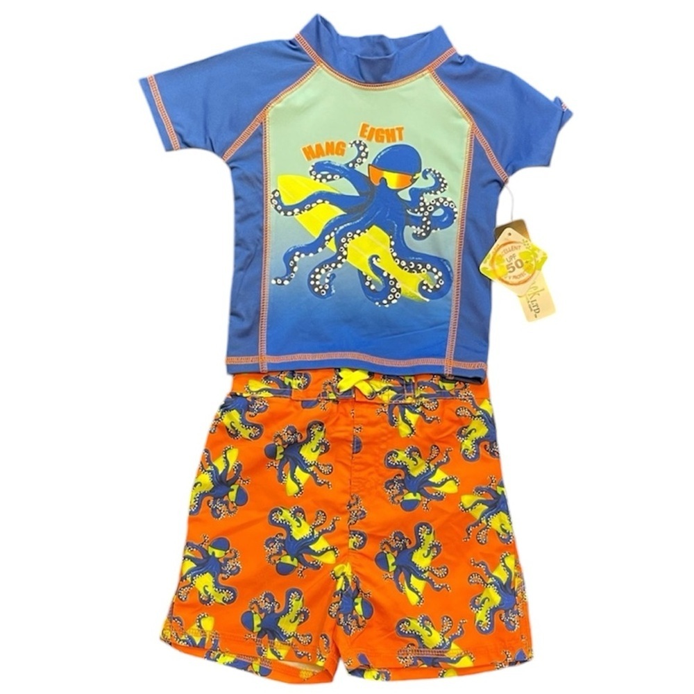 NWT Boys 24M Rash Guard and Swim Trunk Set - Octopus. UPF 50+ UV Protection